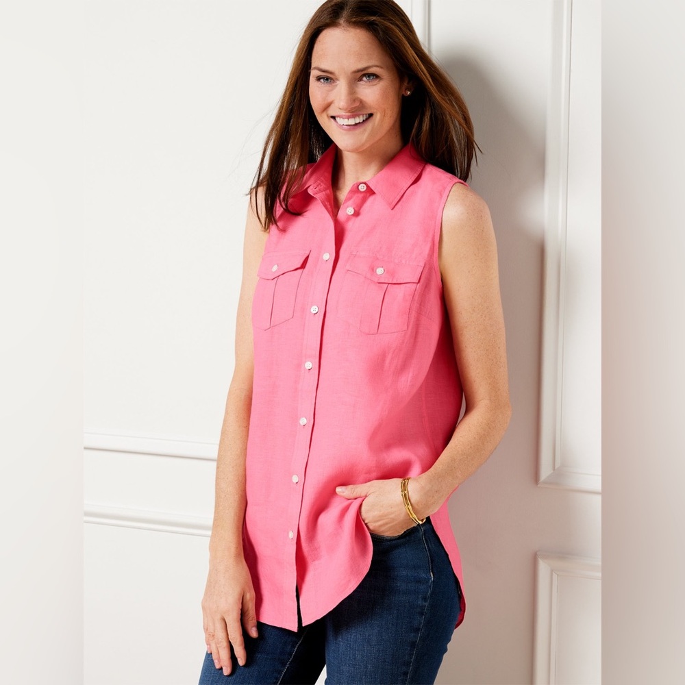 Talbots Pink Sleeveless Button-Down Linen Boyfriend Shirt size Lp